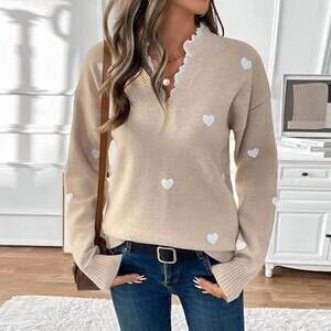 NEW LILY CLOTHING v-neck patchwork lace collar sweater in light khaki